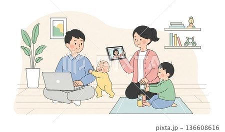 家族が繋がる在宅勤務、ビデオ通話でコミュニケーション 136608616