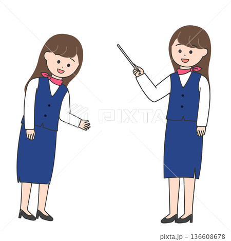 制服姿の女性スタッフのポーズセット｜手のひらで指して案内するポーズと指示棒で解説するポーズ 136608678