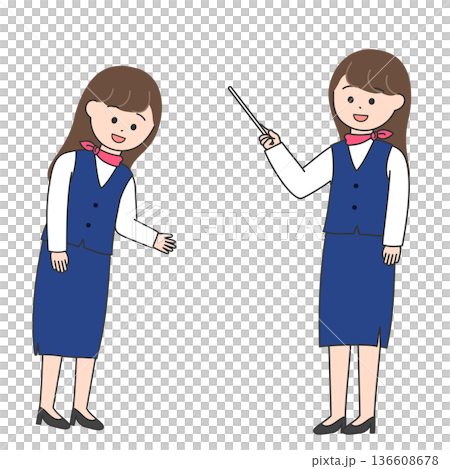 制服姿の女性スタッフのポーズセット｜手のひらで指して案内するポーズと指示棒で解説するポーズ 136608678