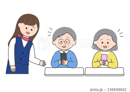 スマートフォンの操作方法を説明する女性と説明を受ける高齢者男女 136608682