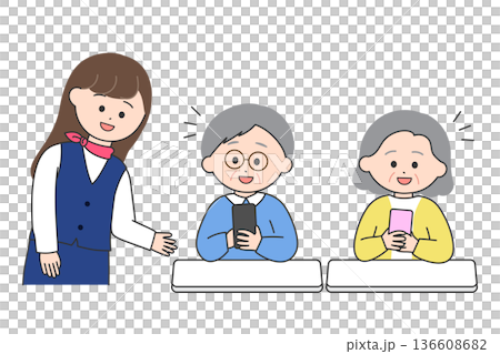 スマートフォンの操作方法を説明する女性と説明を受ける高齢者男女 136608682