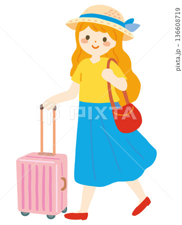 女性の一人旅の手描きベクターイラスト 女性の一人旅の手描きベクターイラスト 136608719
