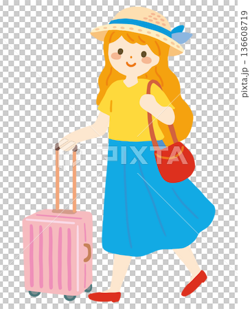 女性の一人旅の手描きベクターイラスト 女性の一人旅の手描きベクターイラスト 136608719