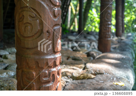 Wooden tiki pillar at Kamuihei archaeological site, Nuku Hiva, French Polynesia 136608895