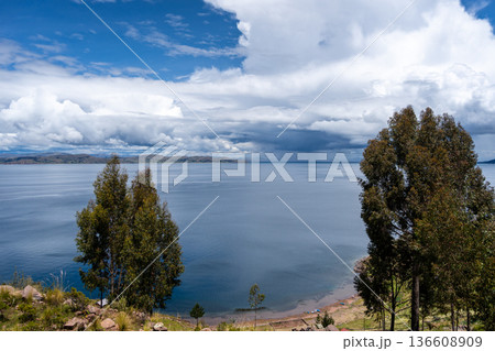 Scenic view of nature and terraced fields on Taquile Island, Peru Scenic view of nature and terraced fields on Taquile Island, Peru 136608909