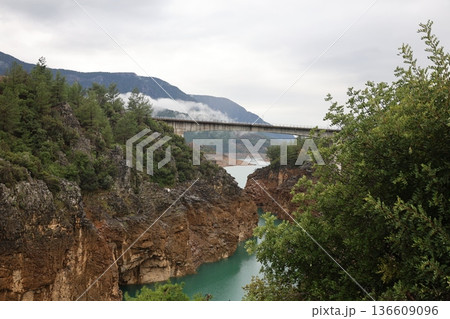 Turquoise River Gorge bridge drone view Turquoise River Gorge bridge drone view 136609096