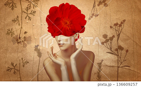 Abstract contemporary art design or portrait of young sad woman with flowers 136609257