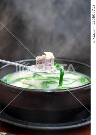 Steaming Hot Korean Blood Sausage Soup Soondaeguk in a Traditional Earthen Pot Ttukbaegi Steaming Hot Korean Blood Sausage Soup Soondaeguk in a Traditional Earthen Pot Ttukbaegi 136609718