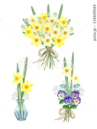 水彩画風の水仙の花束とミニアレンジのセット 136609984