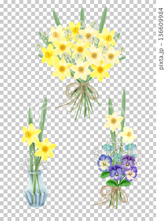 A set of watercolor daffodil bouquets and mini arrangements 136609984