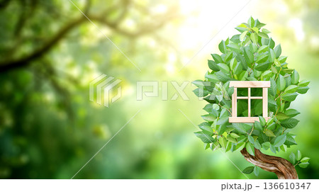 Eco friendly home concept. Eco house made up of green leaves on sunny forest background. Ecology, go green, environmental and conservation protection, bioenergetic concept. Home outdoors in a forest 136610347