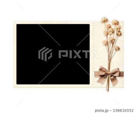 Nostalgic scrapbooking template with moodboard photoframe for scrapbooking. Retro frame photo with dry pressed flowers and linen bow. Vintage style mood board layout. Isolated on white background 136610352