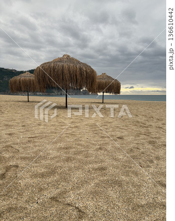 Beach chair sunset. High quality photo Beach chair sunset. High quality photo 136610442