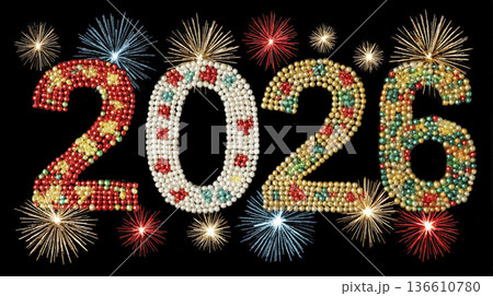 Colorful 2026 celebration design with fireworks and sparkling elements Colorful 2026 celebration design with fireworks and sparkling elements 136610780