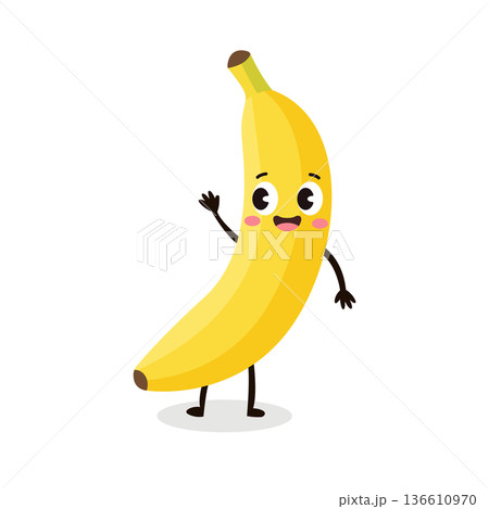 Funny yellow banana cartoon character for kids tropical fruit illustration 136610970