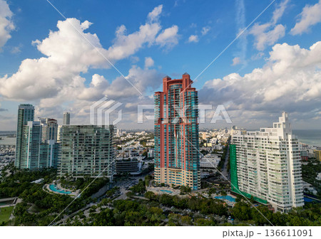 Skyline aerial on Miami skyscraper, Florida. Aerial Miami south beach. Architectural landscape in South Beach, USA. Skyline panorama. South pointe park. Miami South beach landscape aerial view Skyline aerial on Miami skyscraper, Florida. Aerial Miami south beach. Architectural landscape in South Beach, USA. Skyline panorama. South pointe park. Miami South beach landscape aerial view 136611091