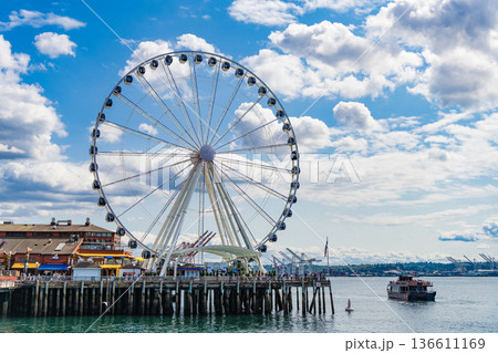 Seattle, Washington, USA, July 26, 2024: Ferris wheel. Amusement park with Ferris wheel. Observation Ferris wheel. Fairground ride on observation wheel. Entertainment park. Copy space 136611169