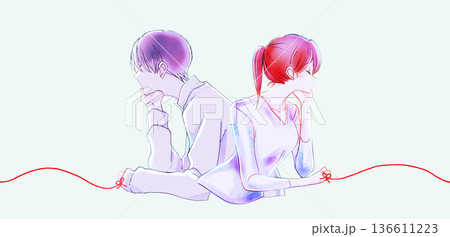 運命の赤い糸を結んだ背中合わせの寂し気な男女　頬杖 136611223