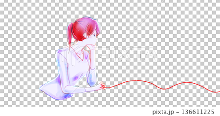 A lonely woman resting her chin on her hand, standing back to back with the red thread of fate tied to her A lonely woman resting her chin on her hand, standing back to back with the red thread of fate tied to her 136611225