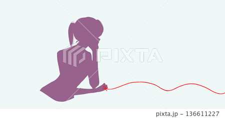 運命の赤い糸を結んだ背中合わせの寂し気な女性　頬杖　シルエット 136611227