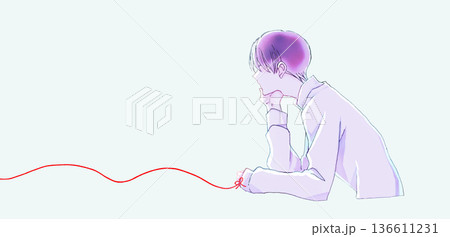 運命の赤い糸を結んだ背中合わせの寂し気な男性 頬杖 運命の赤い糸を結んだ背中合わせの寂し気な男性 頬杖 136611231