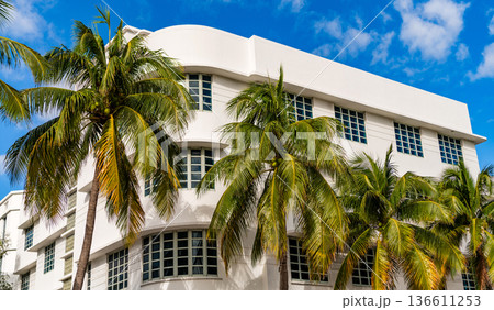 Architectural building. Art deco historic district. Modern building of Miami beach, Florida. Ocean drive. Miami South Beach in Ocean Drive Florida. Art Deco building architecture Architectural building. Art deco historic district. Modern building of Miami beach, Florida. Ocean drive. Miami South Beach in Ocean Drive Florida. Art Deco building architecture 136611253