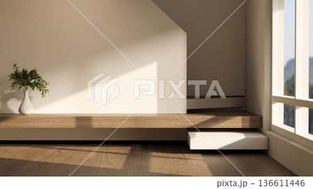 Vase aside white wall and stairs on wooden floor corridor or hallway and sunshine through window Vase aside white wall and stairs on wooden floor corridor or hallway and sunshine through window 136611446