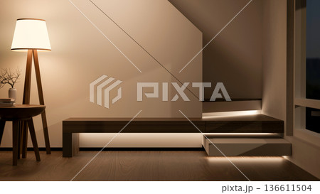 Stool table and high floor lamp on wooden floor aside the wall and stairs with riser light at night. 136611504