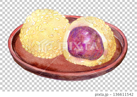 中國小吃芝麻餃子的水彩插圖 中國小吃芝麻餃子的水彩插圖 136611542