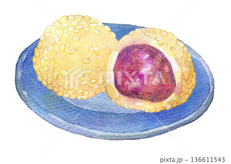 水彩イラスト　中華風おやつ　ごまだんご 136611543