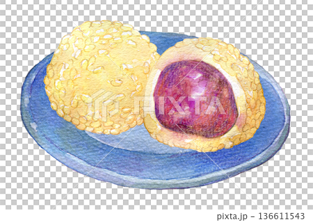 中國小吃芝麻餃子的水彩插圖 136611543