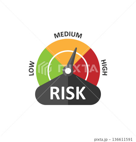 Risk meter icon in flat style. Rating indicator vector illustration on white isolated background. Fuel level sign business concept. Risk meter icon in flat style. Rating indicator vector illustration on white isolated background. Fuel level sign business concept. 136611591