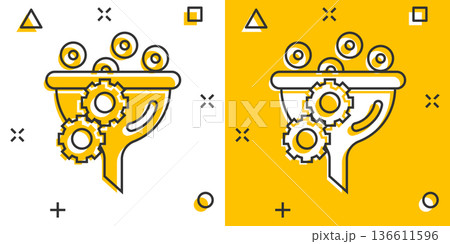Filter icon in comic style. Funnel cartoon vector illustration on white isolated background. Chemical cone splash effect business concept. Filter icon in comic style. Funnel cartoon vector illustration on white isolated background. Chemical cone splash effect business concept. 136611596