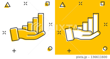 Growth revenue icon in comic style. Diagram with hand cartoon vector illustration on white isolated background. Finance increase splash effect business concept. 136611600