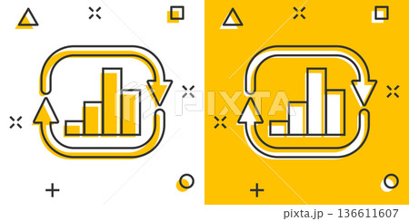 Growing bar graph icon in comic style. Increase arrow cartoon vector illustration on white isolated background. Infographic progress splash effect business concept. 136611607