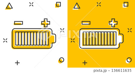 Battery charge icon in comic style. Power level cartoon vector illustration on white isolated background. Lithium accumulator splash effect business concept. 136611635