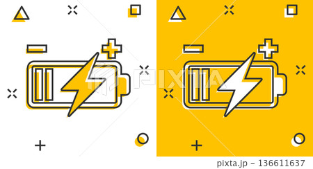 Battery charge icon in comic style. Power level cartoon vector illustration on white isolated background. Lithium accumulator splash effect business concept. 136611637