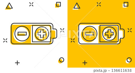 Battery charge icon in comic style. Power level cartoon vector illustration on white isolated background. Lithium accumulator splash effect business concept. Battery charge icon in comic style. Power level cartoon vector illustration on white isolated background. Lithium accumulator splash effect business concept. 136611638