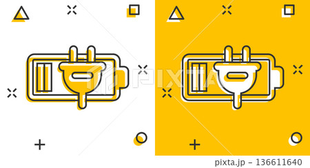 Battery charge icon in comic style. Power level cartoon vector illustration on white isolated background. Lithium accumulator splash effect business concept. 136611640