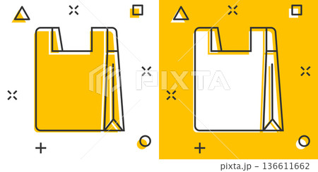Shopping bag icon in comic style. Handbag cartoon sign vector illustration on white isolated background. Package splash effect business concept. 136611662