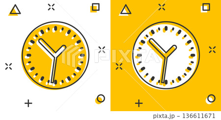 Clock icon in comic style. Watch cartoon vector illustration on white isolated background. Timer splash effect business concept. 136611671