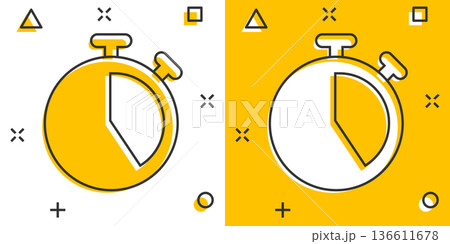 Clock icon in comic style. Watch cartoon vector illustration on white isolated background. Timer splash effect business concept. Clock icon in comic style. Watch cartoon vector illustration on white isolated background. Timer splash effect business concept. 136611678