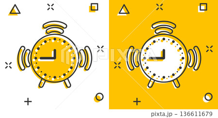 Clock icon in comic style. Watch cartoon vector illustration on white isolated background. Timer splash effect business concept. Clock icon in comic style. Watch cartoon vector illustration on white isolated background. Timer splash effect business concept. 136611679