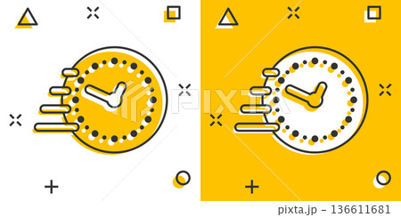 Clock icon in comic style. Watch cartoon vector illustration on white isolated background. Timer splash effect business concept. Clock icon in comic style. Watch cartoon vector illustration on white isolated background. Timer splash effect business concept. 136611681