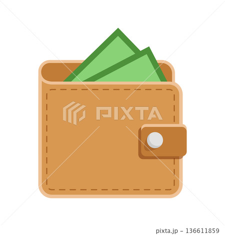 Wallet with paper bills icon in flat style. Money bag vector illustration on isolated background. Financial accessory sign business concept. Wallet with paper bills icon in flat style. Money bag vector illustration on isolated background. Financial accessory sign business concept. 136611859