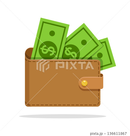 Wallet with paper bills icon in flat style. Money bag vector illustration on isolated background. Financial accessory sign business concept. 136611867