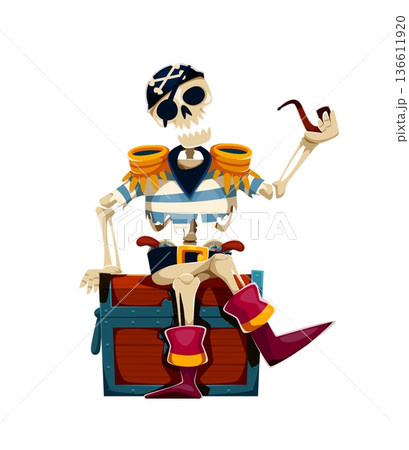 Cartoon sailor skeleton pirate character leaning on a treasure chest with crossed belts and golden buckle, exhaling smoke from a pipe. Funny vector skeleton in pirate costume for children game 136611920