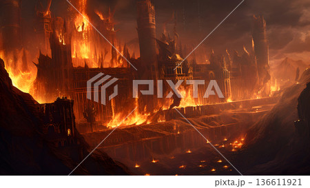 A dark medieval hellish city with a lot of fire coming out of it, neural network generated image A dark medieval hellish city with a lot of fire coming out of it, neural network generated image 136611921