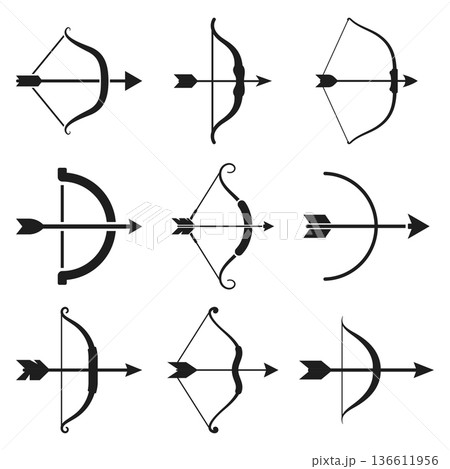 Archer bow icon set collection in flat style. Archery weapon vector illustration on isolated background. Hunter target sign business concept. Archer bow icon set collection in flat style. Archery weapon vector illustration on isolated background. Hunter target sign business concept. 136611956