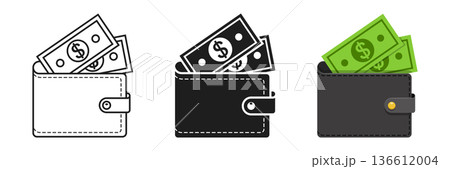 Wallet with paper bills icon set collection in flat style. Money bag vector illustration on isolated background. Financial accessory sign business concept. Wallet with paper bills icon set collection in flat style. Money bag vector illustration on isolated background. Financial accessory sign business concept. 136612004